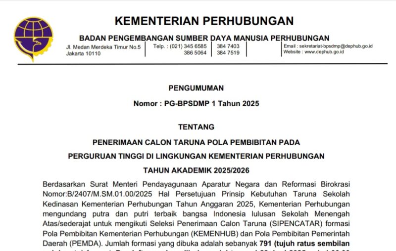 Pengumuman Pendaftaran Taruna Kemenhub 2025/2026 |