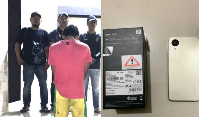Tersangka DW yang ditangkap dalam kasus pencurian handphone milik tetanganya dan barang bukti yang berhasil disita polisi, Minggu 1 Juni 2025 | Dok. Humas Polres Tanggamus.