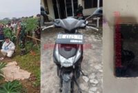 Kolase foto saat polisi melakukan olah TKP, berikut ditemukan barang bukti handphone serta sepeda motor di Kebun Singkong, Tulang Bawang, Minggu 1 Juni 2025 |