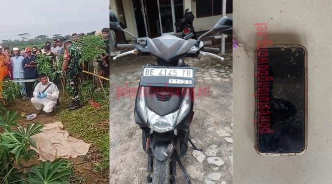 Kolase foto saat polisi melakukan olah TKP, berikut ditemukan barang bukti handphone serta sepeda motor di Kebun Singkong, Tulang Bawang, Minggu 1 Juni 2025 |