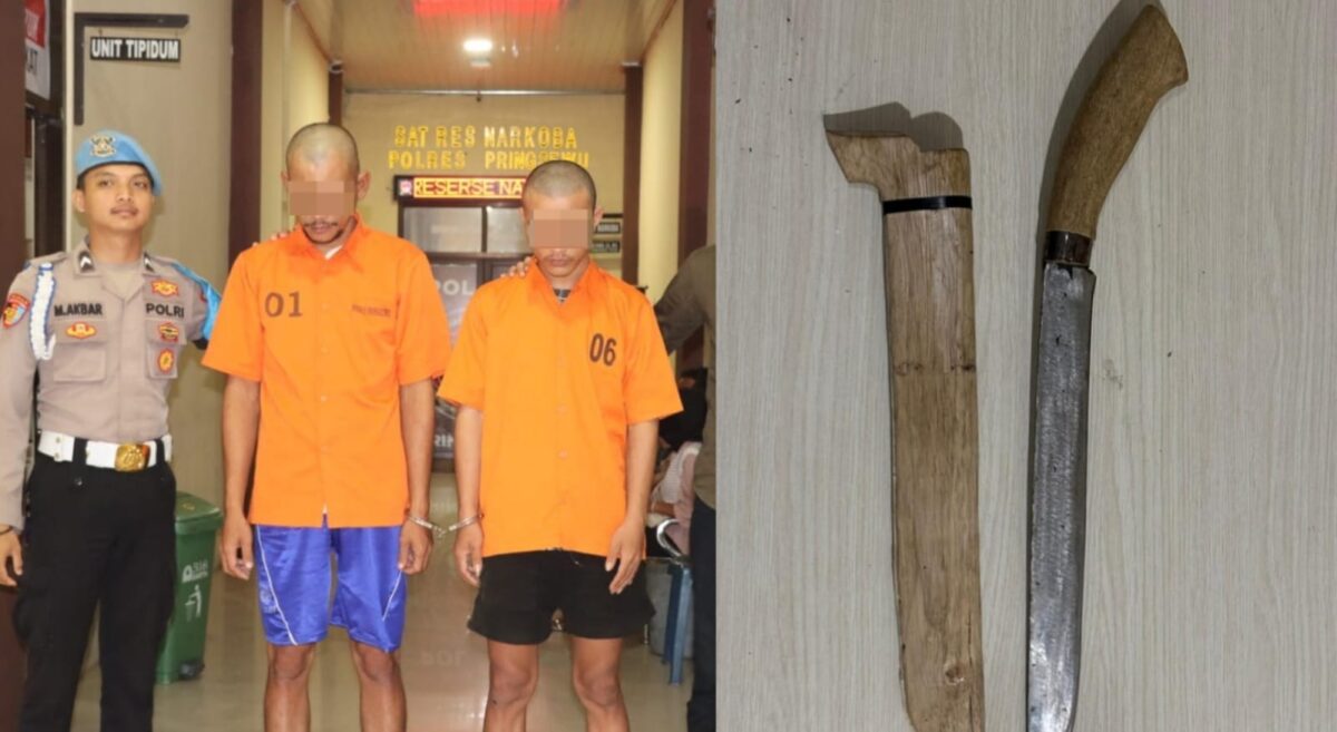 Kolase foto kedua tersangka asal Tanggamus yang ditangkap polisi di Pendopo Pringsewu dan barang bukti golok yang diamankan, Kamis 3 Juli 2025 | Dok. Humas Polres Pringsewu.