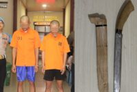 Kolase foto kedua tersangka asal Tanggamus yang ditangkap polisi di Pendopo Pringsewu dan barang bukti golok yang diamankan, Kamis 3 Juli 2025 | Dok. Humas Polres Pringsewu.