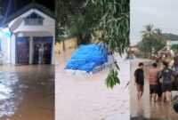 Kolase foto halaman rumah warga yang terendam banjir dan kendaraan terjebak banjir serta masyarakat yang akan melintasi jalan Pardasuka, Minggu 6 Juli 2025 | Dok. Humas Polres Pringsewu.