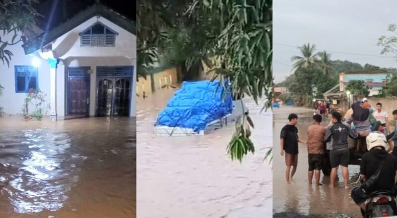 Kolase foto halaman rumah warga yang terendam banjir dan kendaraan terjebak banjir serta masyarakat yang akan melintasi jalan Pardasuka, Minggu 6 Juli 2025 | Dok. Humas Polres Pringsewu.