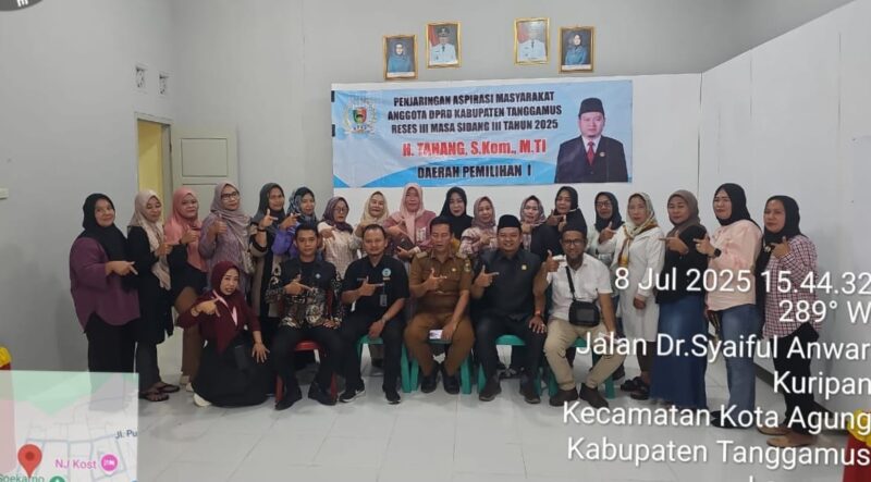 Reses III Masa Sidang III Tahun 2025 milik Anggota DPRD Kabupaten Tanggamus, H. Tahang, S.Kom., M.TI, di Aula Kelurahan Kuripan, Kota Agung, Selasa 8 Juli 2025 | 