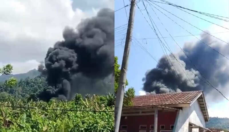 Kolase foto saat asap hitam membumbung tinggi yang diabadikan warga dalam peristiwa kebakaran dugaan gudang BBM di lempasing, Pesawaran, Jumat 11 Juli 2025 | Tangkapan Layar Video.