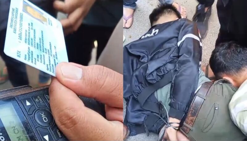 Kolase foto KTP yang memperlihatkan identitas diduga milik salah satu pelaku dan saat keduanya menghadap tanah usai ditangkap massa, Jumat 11 Juli 2025 | Dok. Tangkapan Layar Video.