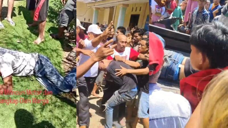 Kolase foto saat terduga pelaku berbaju puting ditumbangkan warga dan saat warga berusaha melindungi terduga pelaku berbaju hitam serta ketika keduanya dievakuasi menggunakan mobil pickup, Kamis 10 Juli 2025 | Dok. Tangkapan Layar Video.