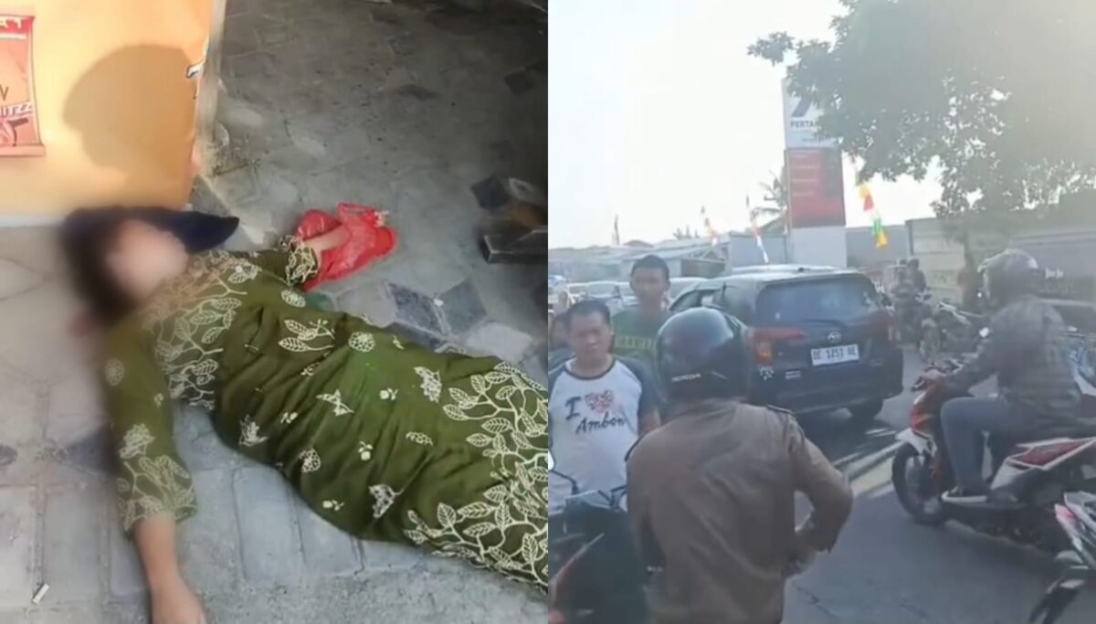 Kolase foto korban Mutiah saat masih terkapar akibat terjatuh dan warga di kondisi lokasi dekat SPBU Tanjung Senang, Bandar Lampung, Minggu 13 Juli 2025 | Dok. Tangkapan Layar.