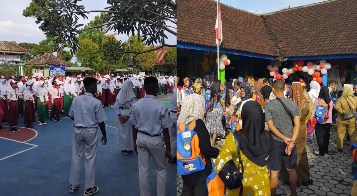 Kolase foto suasan keceriaan pelajar SMPN 1 Kota Agung dan orang tua saat mengantar anak di TK Dharmawanita, Kota Agung, Senin 14 Juli 2025 | Herdi/Media Prioritastv.com.