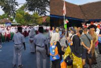 Kolase foto suasan keceriaan pelajar SMPN 1 Kota Agung dan orang tua saat mengantar anak di TK Dharmawanita, Kota Agung, Senin 14 Juli 2025 | Herdi/Media Prioritastv.com.