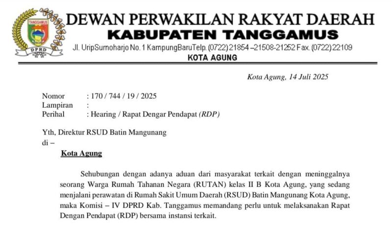 Undangan Hearing/RDP DPRD Tanggamus dengan RSUD Batin Mangunang, Senin 14 Juli 2025 | Ist.
