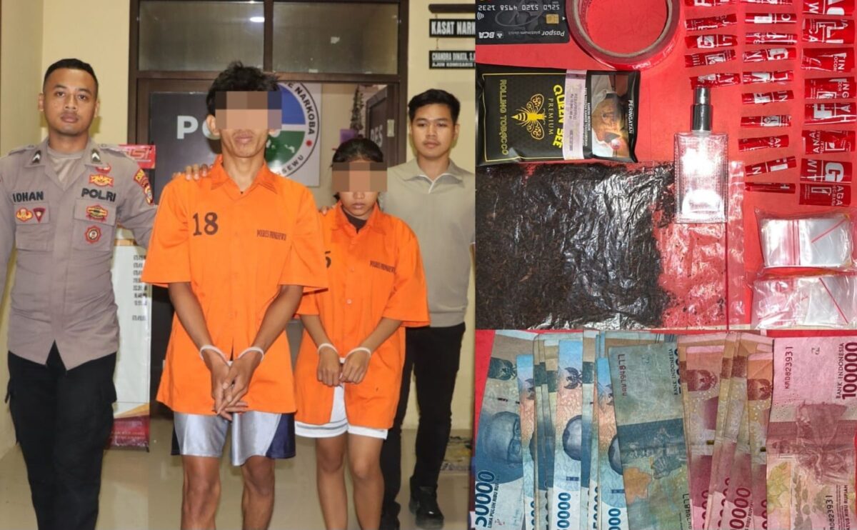 Kolase foto saat pasangan kekasih penyedika tembakau sintetis yang digiring polisi dan barang bukti yang diamankan, Jumat 18 Juli 2025 | Dok. Humas Polres Pringsewu.
