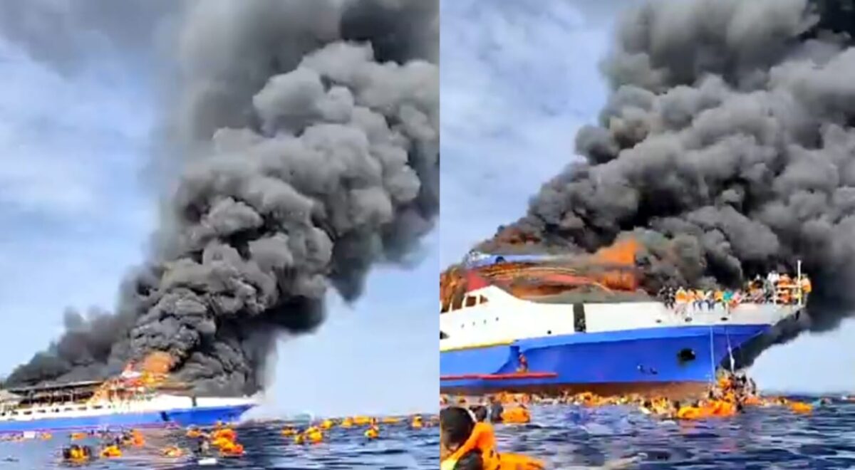 Detik-detik penumpang terjun ke laut saat kapal Barcelona V yang terbakar di Perairan Talaud menuju Manado, Minggu 20 Juli 2025 | Dok. Tagkapan Layar Video.