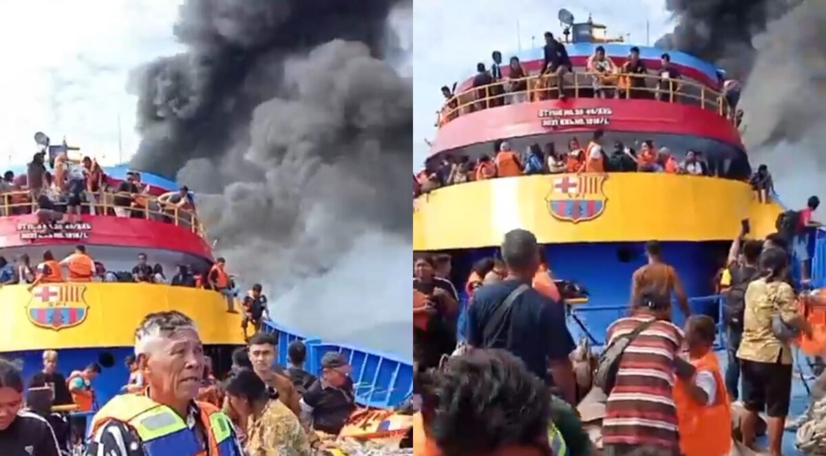 Kolase foto saat penumpang KM Barcelona memakai jaket pelampung sebelum terjun ke perairan, Minggu 20 Juli 2025 | Dok. Tangkapan Layar Video.