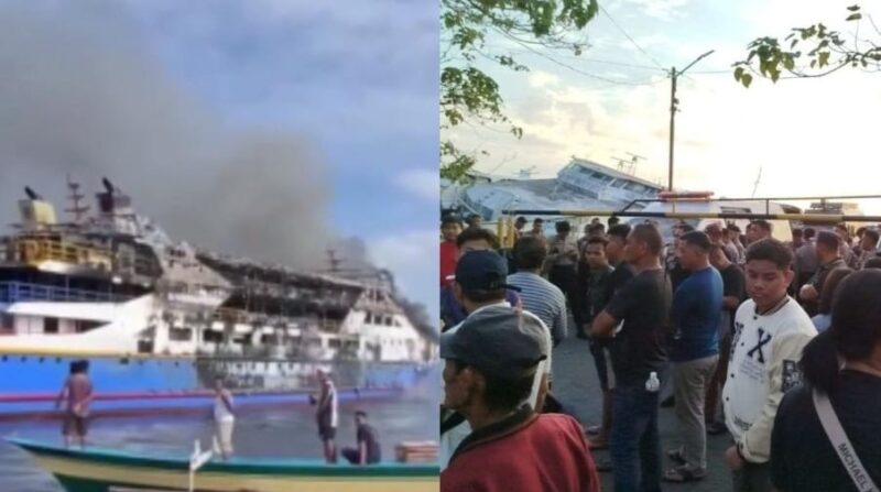 Kolase foto saat Kapal KM Barcelona V yang terbakar dan saat keluarga korban menunggu di pelabuhan, Minggu 20 Juli 2025 | Ist.