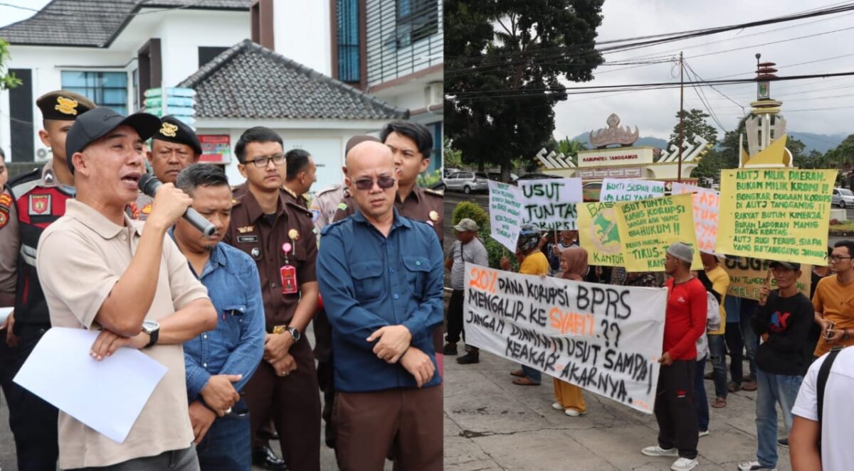 Kolase foto saat Koordinator Lapangan Pemuda Peduli Tanggamus, Suharni menyampaikan penjelasan dan saat peserta aksi membentangkan spanduk sejumlah tuntutan di halaman Kejari Tanggamus, Senin 21 Juli 2025 | Davit/Media Prioritastv.com.