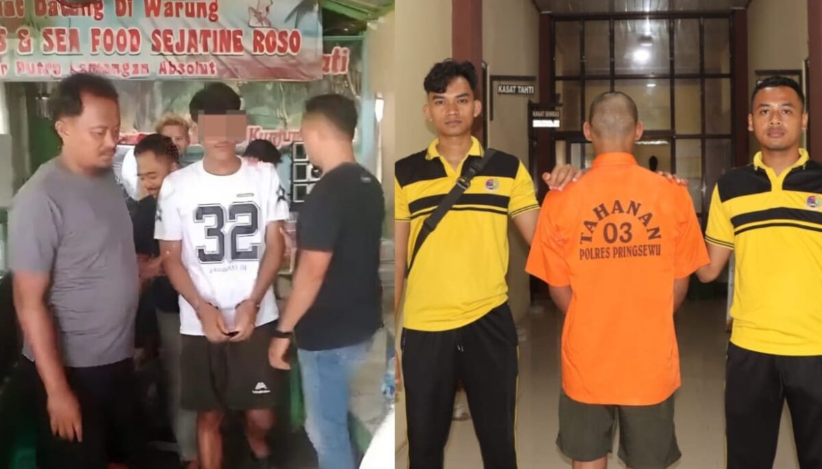 Kolase foto tersangka RY sesaat baru ditangkap dan saat berada di Polres Pringsewu, Jumat 25 Juli 2025 | Dok. Humas Polres Pringsewu.