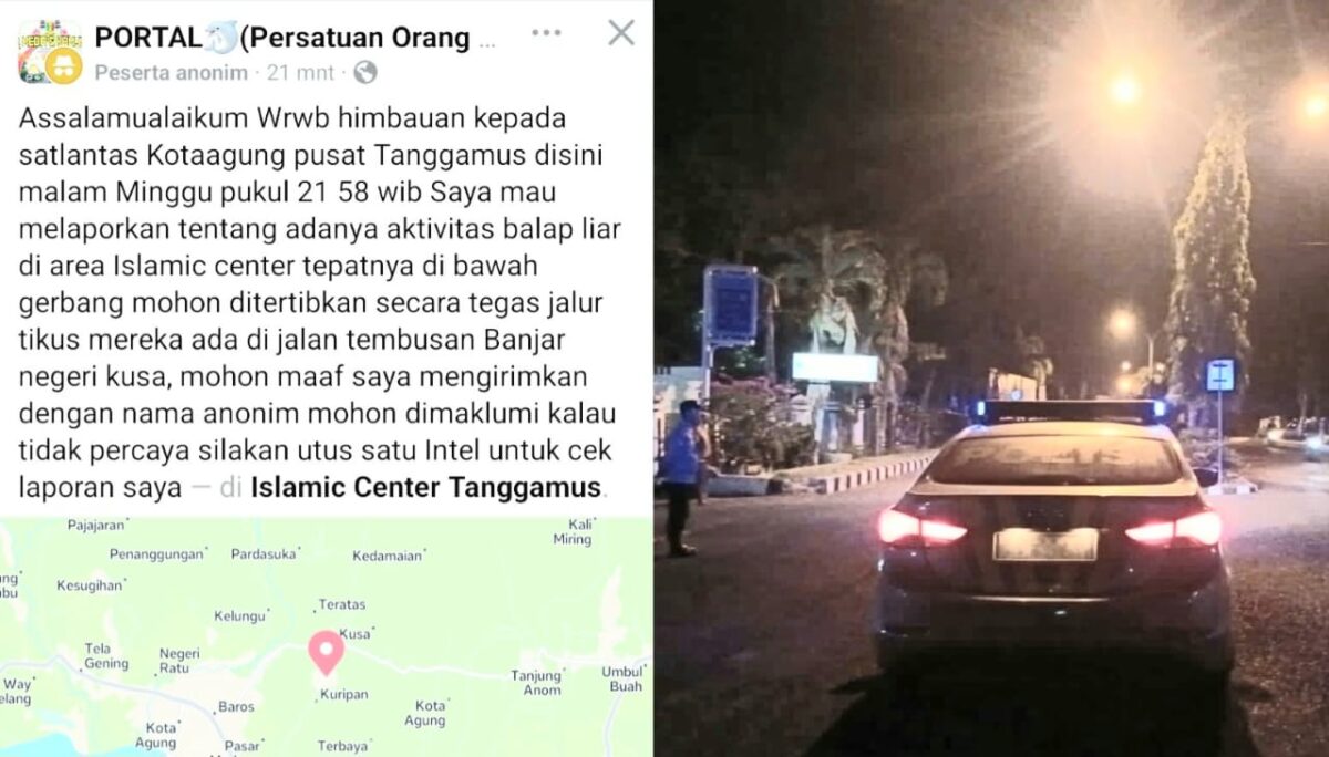 Kolase foto informasi warga di Media sosial dan saat Polsek Kota Agung mendatangi jalan Islamic Center Kota Agung, Sabtu 26 Juli 2025 | Dok. Humas Polres Tanggamus.
