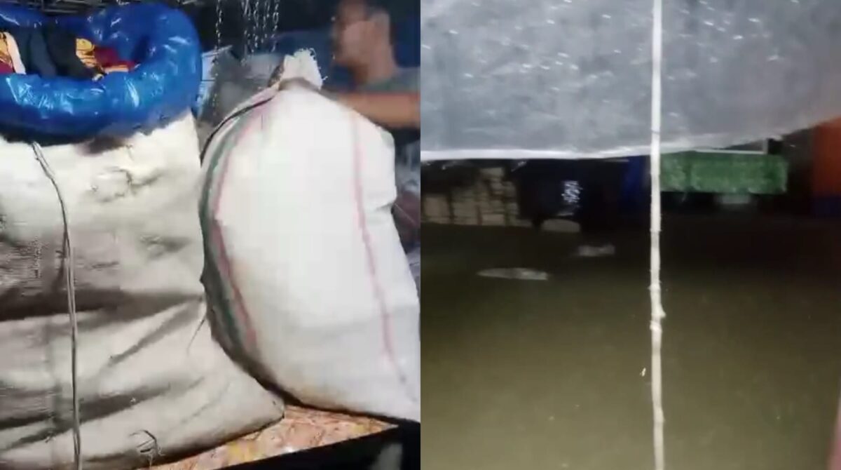 Kolase foto pedagang saat mengemas kembali barang dagangan dan banjir disertai hujan di Pasar Sukamaju, Pekon Putih Doh, Cukuh Balak, Tanggamus, Senin 28 Juli 2025 | Dok. Tangkapan Layar Video.