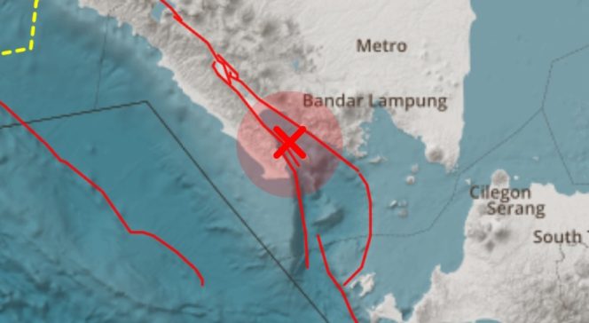
 Titik gempa di selatan Tanggamus, Lampung, pada hari Selasa, 8 Juli 2025, pukul 07:30:04 WIB | BMKG Lampung.