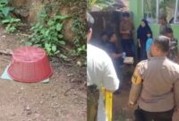 Kolase foto saat janin bayi ditemukan telah ditutup warga dan saat polisi berada di lokasi | Ist.