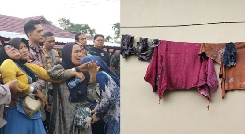 Kolase foto seorang ibu bernama Ernawati yang meyakini bahwa pakaian yang dilihatnya di gedung identifikasi Polres Tanggamus milik putranya, Jumat 18 Juli 2025 | Herdi/Media Prioritastv.com.