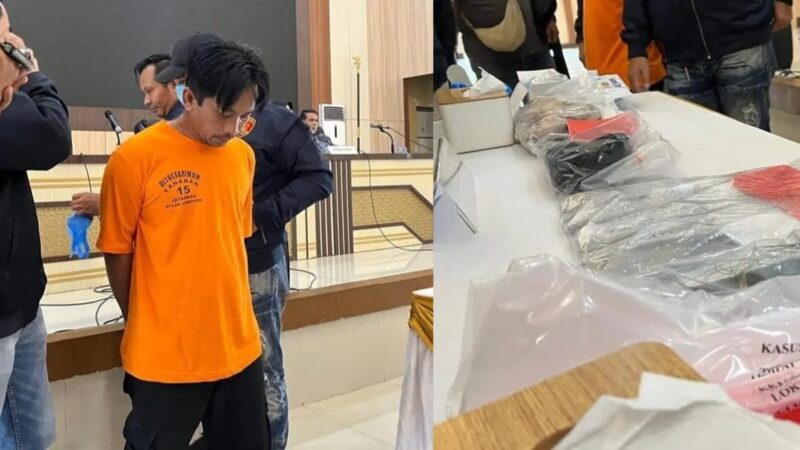 Kolase foto saat tersangka dihadirkan dalam konferensi pers di Polda Lampung dan barang bukti yang diamankan, Jumat 1 Agustus 2025 | Putra/Media Prioritastv.com.