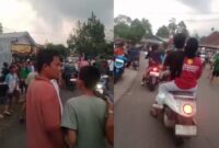 Kolase foto warga yang berkerumun melihat pelaku yang berhasil ditangkap di Simpang Pekon Negeri Ratu, Kota Agung, Tanggamus | Tangkapan Layar Video.