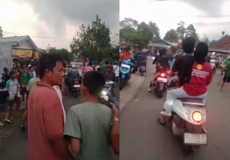 Kolase foto warga yang berkerumun melihat pelaku yang berhasil ditangkap di Simpang Pekon Negeri Ratu, Kota Agung, Tanggamus | Tangkapan Layar Video.