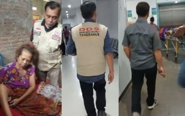 Kolase foto, Ketua DDS Tanggamus Bayu Santosa saat melihat kondisi Surtini dan saat bersama Kepala Pekon Wonosobo mengantarkan Surtini ke RS Urip Sumoharjo, Bandar Lampung, Sabtu 2 Agustus 2025, malam | Dok. DDST.