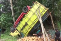 Truk yang mengalami kecelakaan di Tanjakan Mbah Marijan, Sedayu, Semaka, Tanggamus, Senin 4 Agustus 2025 | Ist.