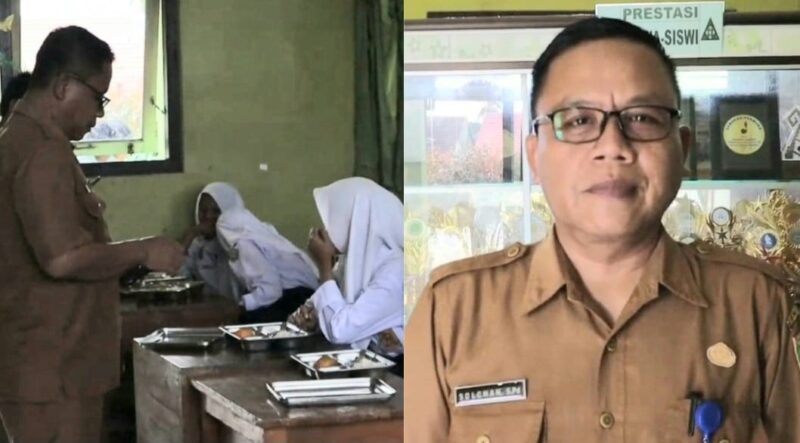 Kolase foto saat Kepala SMPN 3 Pugung Solchan saat memberikan arahan pelajarnya dan saat memberikan keterangan, Senin 4 Agustus 2025 | Asrul Ariski/Media Prioritastv.com.