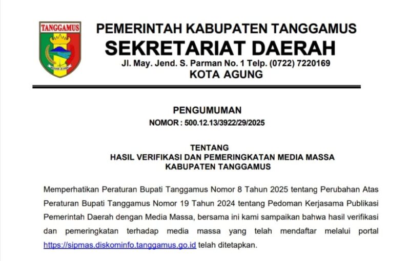 Pengumunan Hasil Verifikasi dan Pemeringkatan Media Massa Kabupaten Tanggamus, Selasa 5 Agustus 2025 |