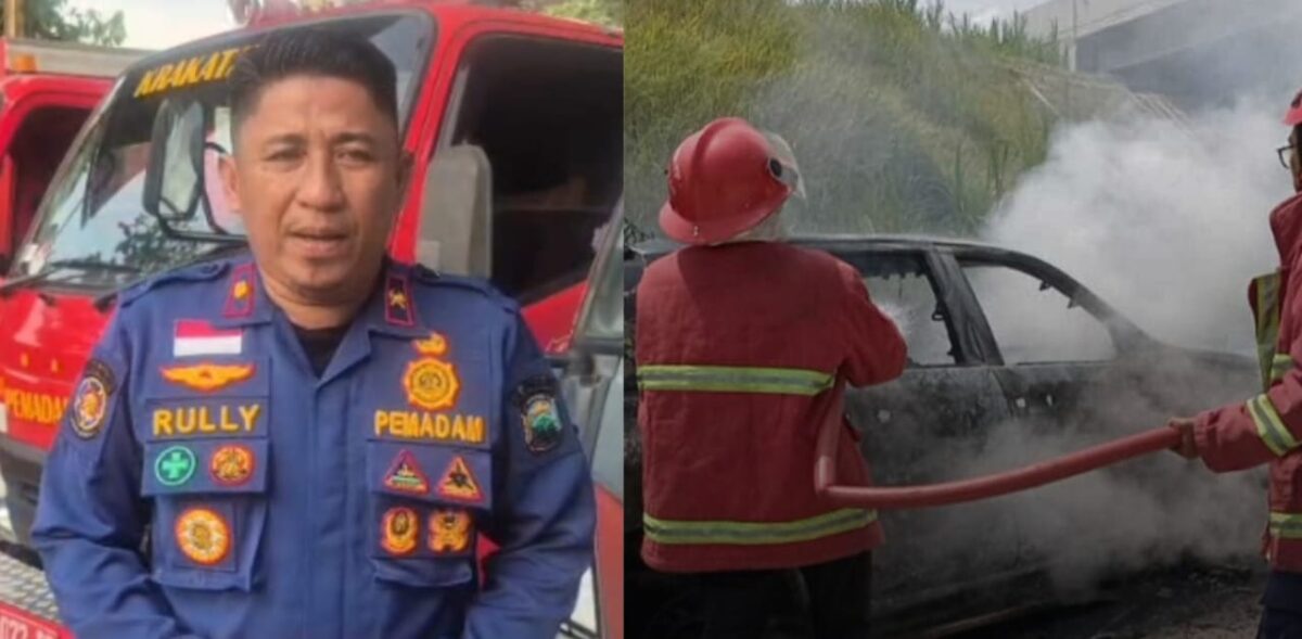 Kolase foto saat Kabid Dinas Damkarmat Lampung Selatan memberikan keterangan dan saat proses pemadaman mobil, Jumat 8 Agustus 2025 | Ist.