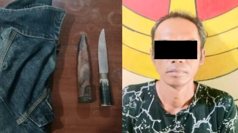 Kolase foto barang bukti senjata tajam yang diamankan polisi dan tersangka saat berada di Polsek Seputih Mataram, Sabtu 9 Agustus 2025 | Dok. Humas Polres Lampung Tengah.