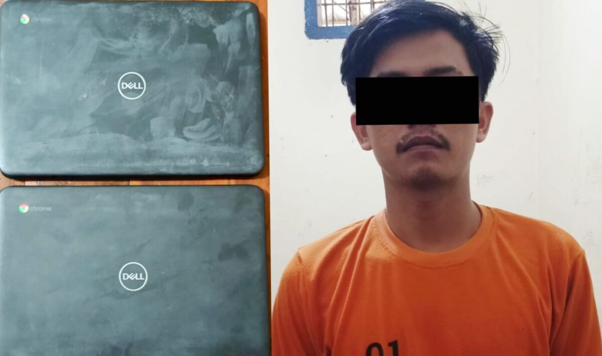 Kolase foto barang bukti laptop yang berhasil diamankan dan saat tersangka berada di sel tahanan Polsek Seputih Banyak, Senin 11 Agustus 2025 | Dok. Humas Polres Lampung Tengah.