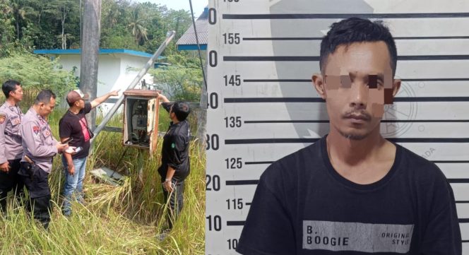
 Kolase foto saat polisi melakukan olah TKP pencurian kabel listrik di Pringsewu dan tersangka A yang berhasil ditangkap, Sabtu 16 Agustus 2025 | Dok. Humas Polres Pringsewu.