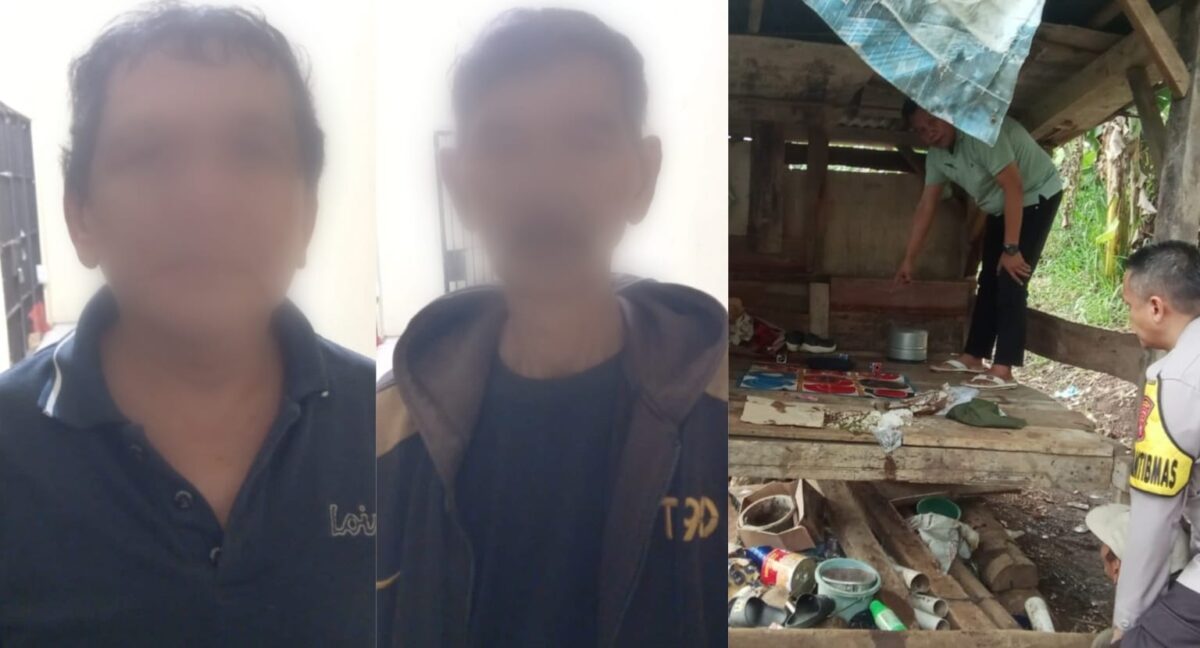 Kolase foto kedua terduga pelaku yang ditangkap dan saat polisi menyita barang bukti judi koprok di pugung, Selasa 19 Agustus 2025 | Dok. Humas Polres Tanggamus.