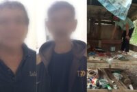 Kolase foto kedua terduga pelaku yang ditangkap dan saat polisi menyita barang bukti judi koprok di pugung, Selasa 19 Agustus 2025 | Dok. Humas Polres Tanggamus.