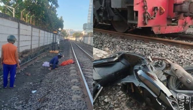 Kolase foto kondisi korban dan sepeda motornya usai tertemper kereta Babaranjang di Bandar Lampung, Sabtu 23 Agustus 2025 | Ist.