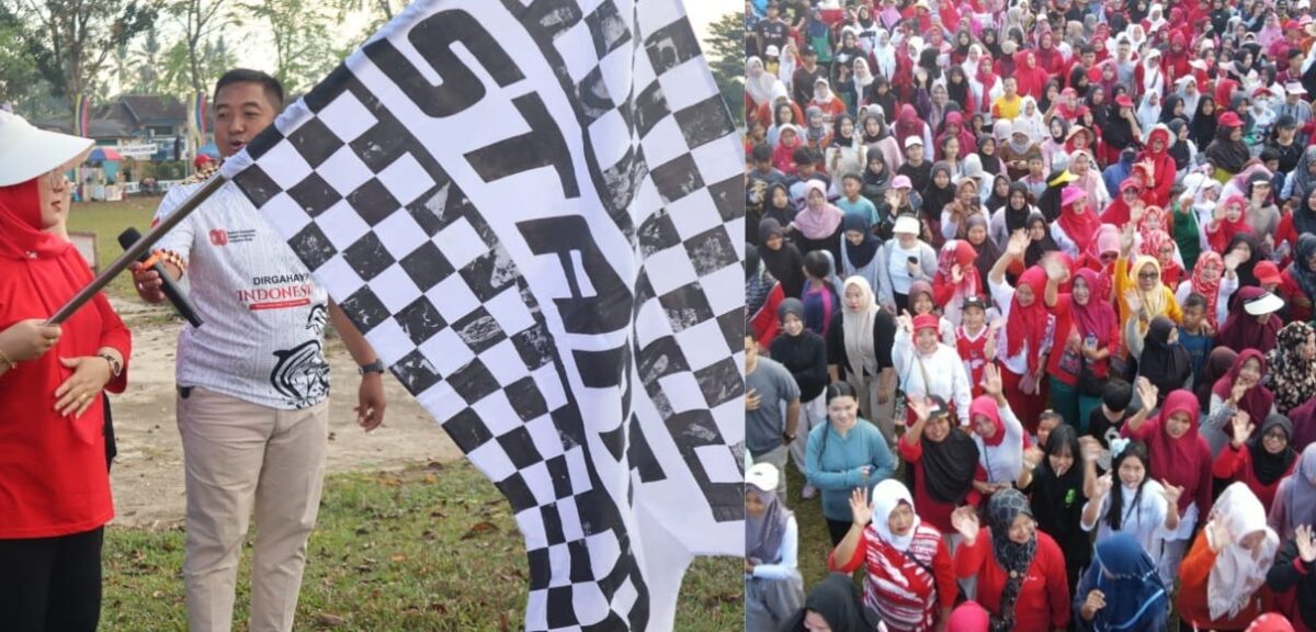 Kolase foto saat Kakon Tekad, Pulau Panggung, Tuti Aripin membuka kegiatan dan peserta yang mengikuti jalan sehat, Minggu 24 Agustus 2025 | Herdi/Media Prioritastv.com.