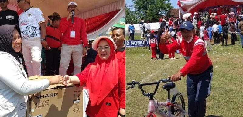 Girangnya Indah dan Yuswanto mendapatkan salah satu hadiah utama jalan sehat Pekon Tekad, Pulau Panggung, Tangamus, Minggu 24 Agustus 2025 | Herdi/Media Prioritastv.com.