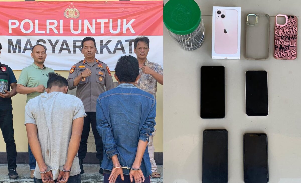 Kolase foto saat kedua tersangka ditunjukan sebelum dimasukan ke sel tahanan dan barang bukti yang berhasil diamankan Polsek Wonosobo, Senin 25 Agustus 2025 | Dok. Humas Polres Tanggamus.