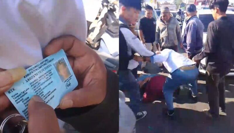 Kolase foto KTP pelaku yang diabadikan warga dan saat pelaku mendapatkan bogem mentah di Jalan Raya Desa Hajimena, Natar, Senin 25 Agustus 2025 | Dok. Tangkapan Layar Video.