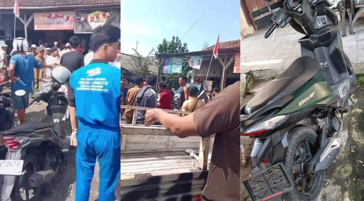 Kolase foto saat warga berkumpul usai pelaku tertangkap serta sepeda motor korban yang diamankan, Selasa 26 Agustus 2025 | Ist.