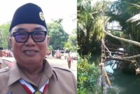 Kolase foto saat Bupati Tanggamus Moh. Saleh Asnawi memberikan keterangan pers Rabu 27 Agustus 2025 dan jembatan gantung yang kondisinya rusak parah di Pekon Tampang Muda, Pematang Sawa | Ist/Herdi/Media Prioritastv.com.