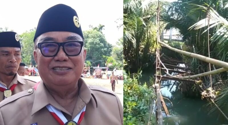 Kolase foto saat Bupati Tanggamus Moh. Saleh Asnawi memberikan keterangan pers Rabu 27 Agustus 2025 dan jembatan gantung yang kondisinya rusak parah di Pekon Tampang Muda, Pematang Sawa | Ist/Herdi/Media Prioritastv.com.