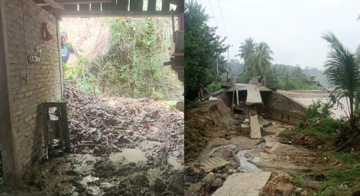 Kolase foto rumah Hermanto yang tertimpa longsor dan kondisi jembatan yang terkikis air di Pekon Karang Brak, Pematang Sawa, Tanggamus, Minggu 31 Agustus 2025 | Sungatno/Media Prioritastv.com.