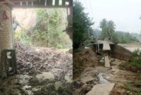 Kolase foto rumah Hermanto yang tertimpa longsor dan kondisi jembatan yang terkikis air di Pekon Karang Brak, Pematang Sawa, Tanggamus, Minggu 31 Agustus 2025 | Sungatno/Media Prioritastv.com.
